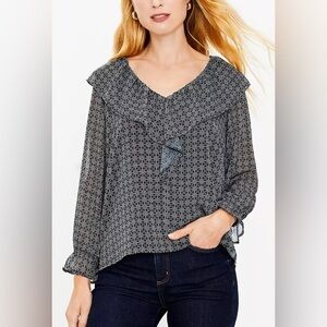 Loft Geo Print Vneck Ruffle Blouse XL